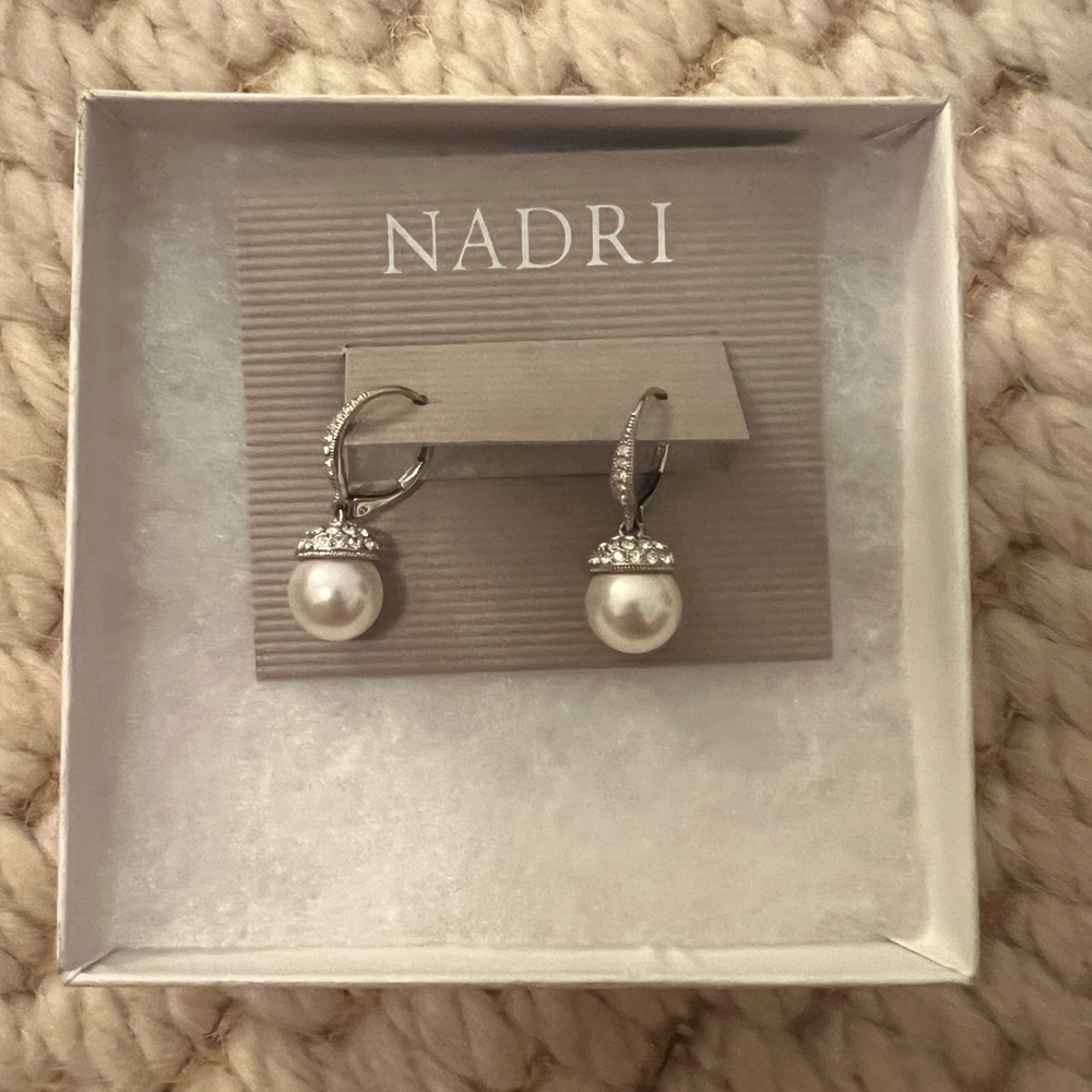 Nadri CZ Pave Diamond and Pearl Drop Earrings for pierced ears